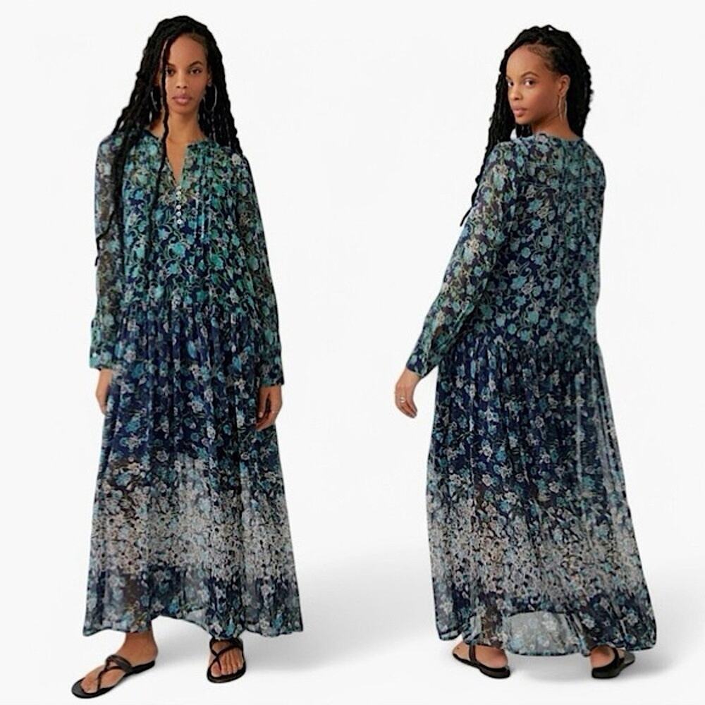 Free People See It Through Maxi Dress Twilight Blue Combo Small